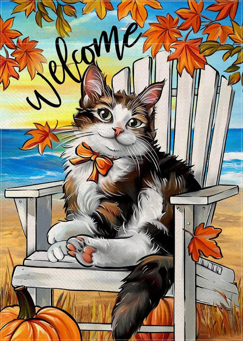 Welcome Fall Cat Beach Chair Decorative Garden Flag, Autumn Pet Coastal Maple Leaves Pumpkin Yard Outside Decorations, Thanksgiving Nautical Outdo...