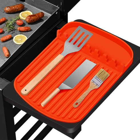 Silicone Griddle Tools Mat for Blackstone,16.9"x 11.8" Spatula Mat with Drip Pad,Heat-Resistant Grill BBQ Caddy Utensils Holder for Kitchen,Cookin...