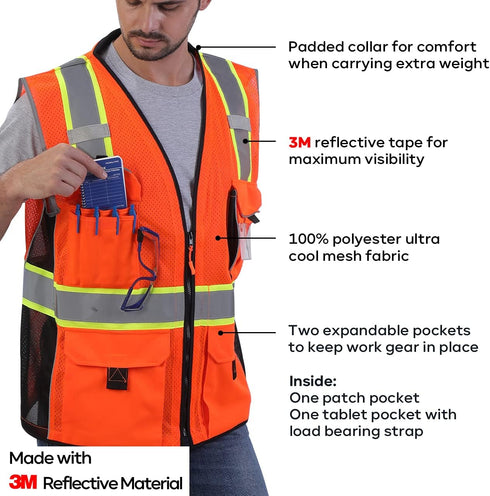 Reflective Safety Vest Orange Mesh, Made with 3M Reflective Tape, Heavy Duty Vest with ID pocket, Padded Neck, Orange 3XL...