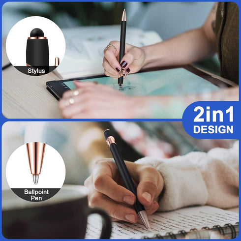 12 Pieces Ballpoint Pen with Stylus Tip, 1.0 mm Black Ink Metal Pen Stylus Pen for Touch Screens, 2 in 1 Stylus Ballpoint Pen (Black and Rose Gold...