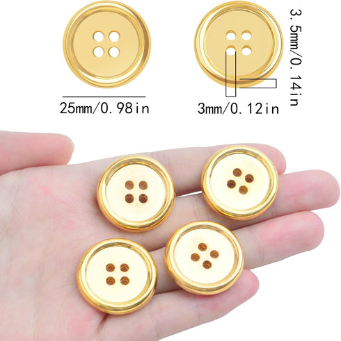 50 Pieces 25 mm Golden Plated Round Buttons with 4 Holes Plastic Sewing Buttons Handmade Ornament Buttons Bulk for DIY Sewing Crafts Handmade Repa...