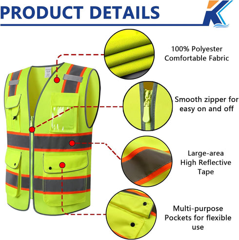 Safety Vest with 9 Pockets Class 2 High Visibility Reflective Vest for Women Men Security Work Wear Meets ANSI/ISEA Standards (KZD-Yellow, 2XL)...