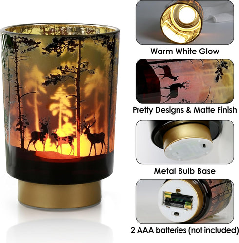 Eywamage Small Battery Operated Table Lamp, Forest Deer Mood Light with Remote, Cordless Glass Lamp for Bedroom Living Room Kitchen Entryway...