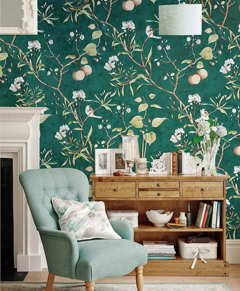 9452 Green Floral Peel and Stick Wallpaper Flower and Bird Removable Self Adhesive Contact Paper Vinyl Film Home Decoration and Furniture Renovati...