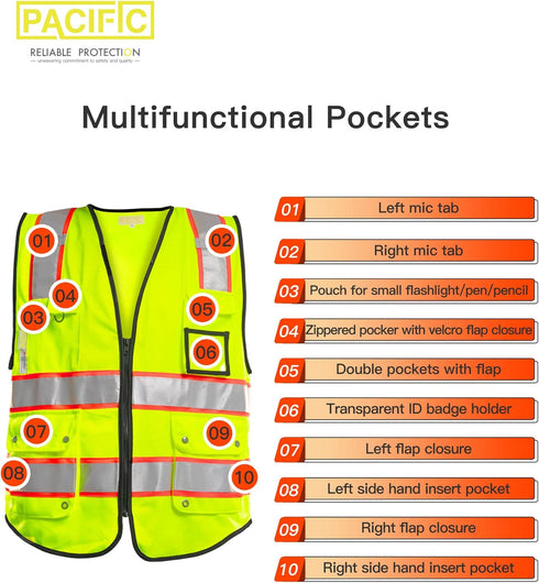PACIFIC 10 Pockets Safety Vest for Men, 3M High Visibility Reflective Strips with Pockets and Zipper, ANSI Class 2, Yellow, Medium...