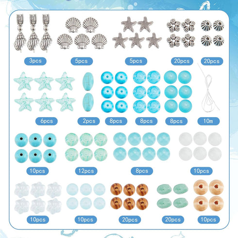 SUNNYCLUE 1 Box 6 Set Ocean Bracelet Making Kit Summer Hawaii Bracelets Ankles Sea Animal Beads Blue Glass Beads Sea Shells for Jewelry Making Kit...