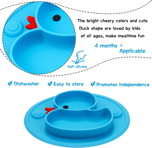 Baby Divided Plate Silicone- Portable Non Slip Child Feeding Plate with Suction Cup for Children Babies and Kids BPA Free Baby Dinner Plate Microw...