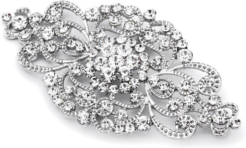 Mariell Vintage Bridal Crystal Brooch Pin, 4" Wide, Antique Silver Wedding Pin, Rhinestone Brooch for Brides and Wedding, Art Deco Fashion Accesso...