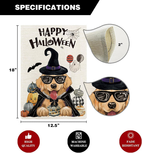 Golden Retriever Happy Halloween Garden Flags for Outside, Halloween Witch Hat Dog Garden Flag, Burlap Holiday Dog Welcome Yard Flag 12x18 Inch Do...
