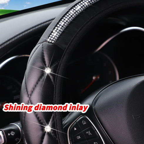 Bling Leather Car Steering Wheel Cover, Diamond Crystal Rhinestone Vehicle Steer Wheel Protector, Sparkling Auto Interior Accessories, Universal 1...