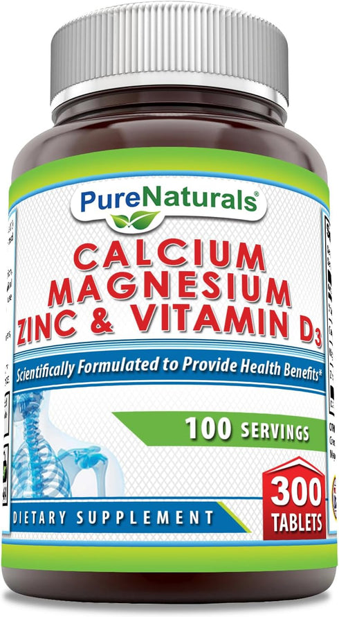 Pure Naturals Calcium Magnesium Zinc Vitamin D3 Supplement | Calcium 1000mg, Magnesium 400mg, Zinc 25mg, Vitamin D3 600 IU | Non-GMO | Gluten Free...