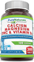 Pure Naturals Calcium Magnesium Zinc Vitamin D3 Supplement | Calcium 1000mg, Magnesium 400mg, Zinc 25mg, Vitamin D3 600 IU | Non-GMO | Gluten Free...