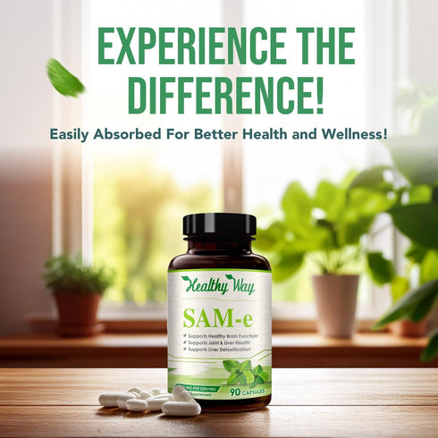 Healthy Way 500mg SAM-e Supplement - High Strength 500mg S-Adenosyl-L-Methionine Capsules for Joint Brain Liver and Mood Support - Non-GMO High Ab...