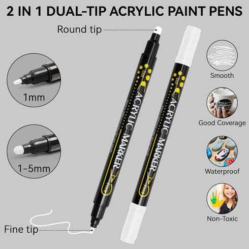 White Paint Pens, 8 Pack Dual Tip Acrylic Paint Markers, Ideal for Wood, Rock Painting, Canvas, Stone, Glass, Ceramic...