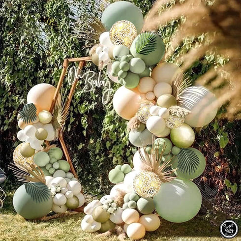 Sweet Baby Co. Sage Green Balloon Garland Arch Kit with Eucalyptus Olive, Peach, White, Gold Balloons and Greenery for Forest Safari Jungle Tropic...