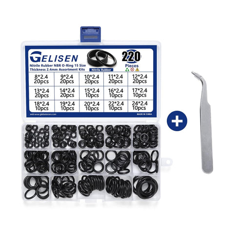 Gelisen 220Pcs Nitrile Rubber O-Rings Kit Thickness 2.4mm 15 Size Universal NBR Metric Washer Gasket Assortment Set for Automotive Faucet Pressure...