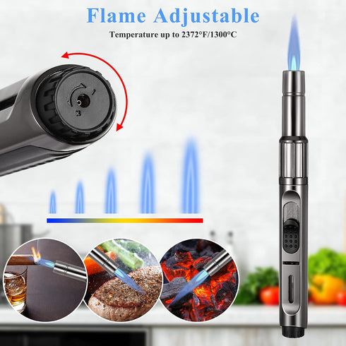 Butane Torch Lighter Long Butane Lighter Refillable Kitchen Torch Lighter with Visible Fuel Window Adjustable Jet Flame Pen Lighter Butane Lighter...