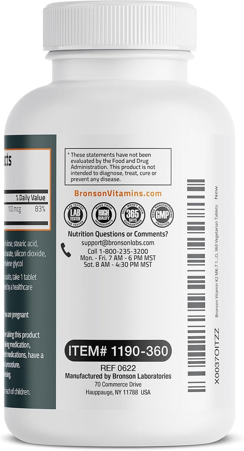 Bronson Vitamin K2 MK-7 100 MCG, K2 as MK7 Menaquinone, Bone Support 1 Year Supply, 360 Tablets...