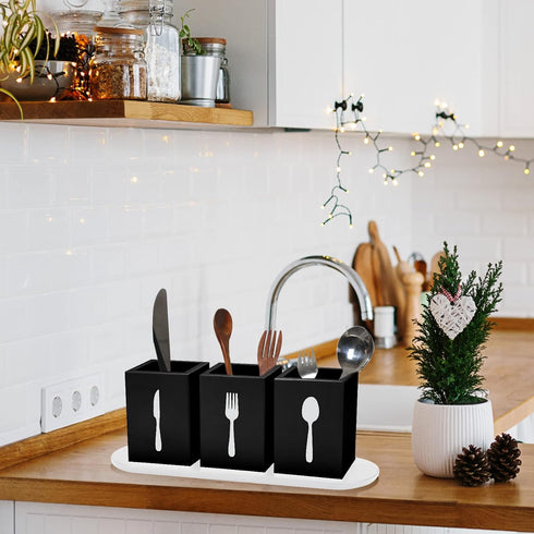 Kathfly 4 Pcs Silverware Caddy Utensil Holder for Countertop Silverware Organizer with Wood Tray Spoon Fork Holder for Kitchen Parties(Black)...