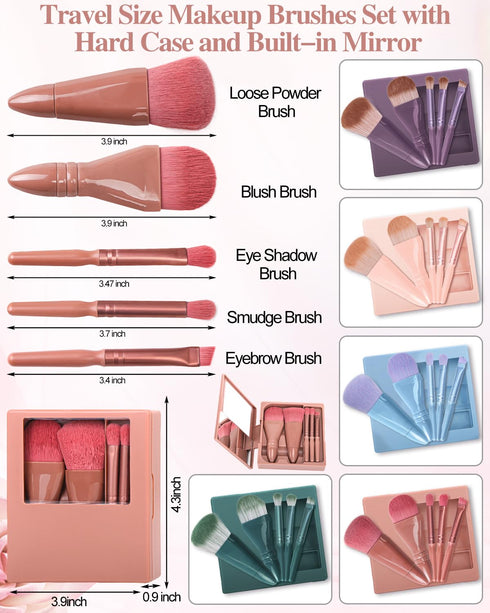Travel Size Makeup Brushes Mini Set with Hard Case and Built-in Mirror, 5Pcs Small Cosmetic Brushes, On the Go Brush Travel Essentials kits for Wo...