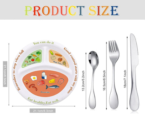 4 Pieces Bariatric Portion Control Plate Stainless Steel Silverware Flatware Set Tableware Cutlery Set Melamine Bariatric Plate Diet Plate for Bal...