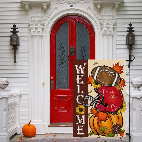 CROWNED BEAUTY Fall Welcome Garden Flag 12x18 Inch Double Sided for Outside, Burlap Small Seasonal Autumn Football Pumpkin Yard Decoration...