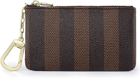 Rauder Luxury Zip Key Chain Pouch | Mini Coin Purse Wallet Card Holder with Clasp | for Men Women - Coated Canvas (Brown Stripe)...