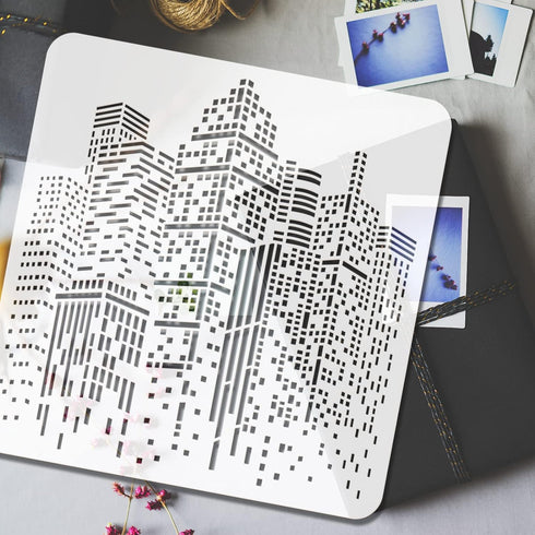 FINGERINSPIRE City Buildings Stencil 11.8x11.8inch Plastic PET Painting Stencil Large Square Stencil Morden Buildings Template Reusable Washable S...