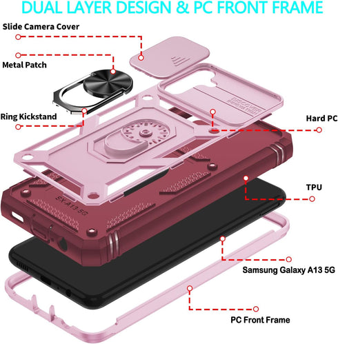 Samsung Galaxy A04S Case, Galaxy A13 5G Case with 3 Pcs Tempered Glass Screen Protector Built in Ring Stand Kickstand + Camera Cover, Hard PC Soft...