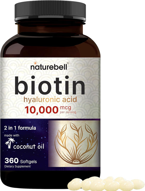 Biotin 10000mcg + Hyaluronic Acid 25mg | 360 Coconut Oil Softgels, Premium Biotin Vitamins for Hair Skin and Nails, Highly Purified and Bioavailab...