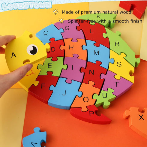 LovesTown Goldfish Wooden Puzzle, 26PCS Jigsaw Puzzle Alphabet and Number Building Blocks for Kids Toddler Preschool...