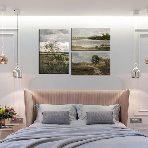 Field Landscape 3 Pieces Split Print Wall Art, Vintage Printed Country Landscape Painting, Oil Painting Mural Art, Nature Landscape Wall Art Print...