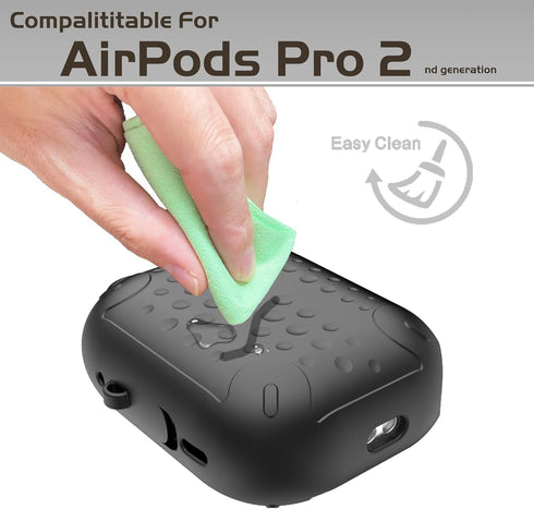 WaterProof Case for AirPods pro 2nd generation, Anti-Lost Silicone Protective Cover, Wireless Charging & LED Visible, with carabiner(Black 01)...