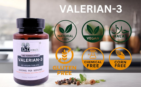 Valerian-3, 1500 Mg/Serving, MD Formulated Herbal Blend- Valerian root, Bacopa (Bacopa monnieri), Gotu kola (Centella Asiatica), Holy Basil, Glute...