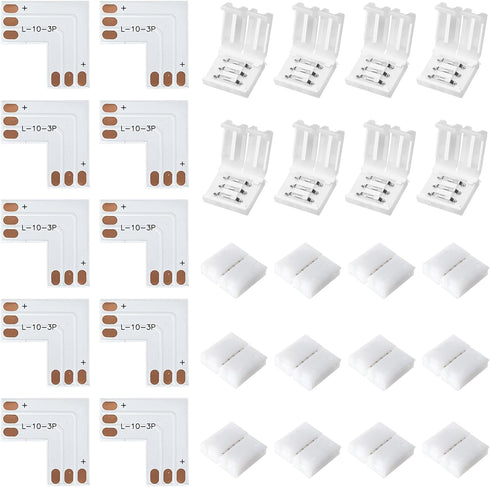 JACKYLED 30 Pcs 3-Pin LED Connectors, 10mm L Shape LED Strip Connectors Unwired Solderless Gapless Adapter Connectors Terminal Extension 12V 72W f...