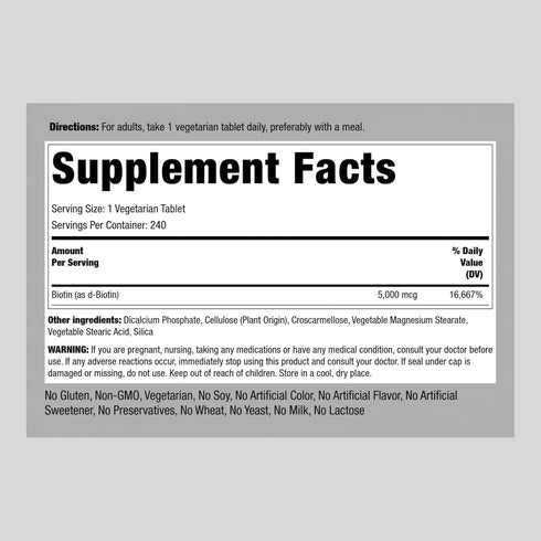 Piping Rock Biotin 5000mcg | 240 Tablets | Beauty Vitamin Supplement | Vegetarian, Non-GMO, Gluten Free...