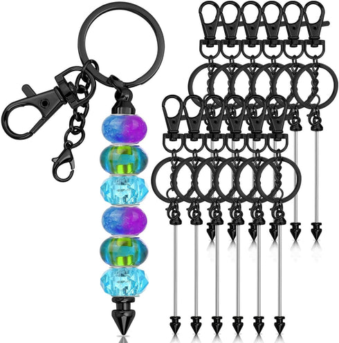 12 Pcs Beadable Keychain Bar, Black Beaded Key Chain for Pendant DIY, Alloy Blank Accessories Bulk for Keychain Making Supplies Jewelry Making Gif...