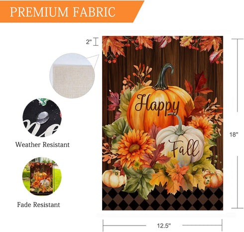 Happy Fall Garden Flag Burlap Vertical Double Sided Fall Pumpkin Maple Leaves Small Yard Flag, Thanksgiving Autumn Harvest Holiday Outdoor Decorat...