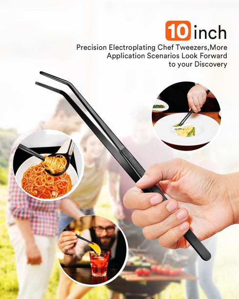 Curved Kitchen Tweezers, Stainless Steel Long Tweezer Tongs, Professional Chef Tweezers for Cooking, Repairing, Sea food and BBQ (Black, 10 inch)...