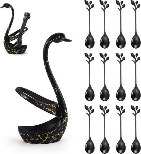 Black Swan Base Holder with 12-Pieces 4.7-inch Small Coffee Spoons,Leaf Handle Set Spoons Creative Dinnerware Set (Black & Gold)...