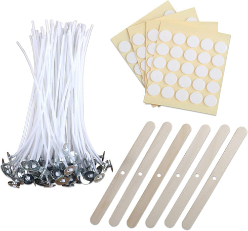 MILIVIXAY 6" Candle Wick Bundle: 100PCS Candle Wicks, 100PCS Candle Wick Stickers and 6PCS Wooden Candle Wick Holders - Wicks Coated with Paraffin...