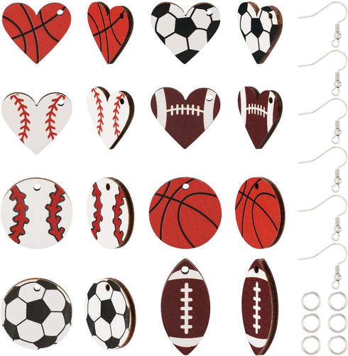 Cheriswelry 8 Pairs Sports Theme Earring Set with Baseball Football Basketball Rugby Wood Earring Pendants Earring Hooks Jump Rings for Sports Lov...