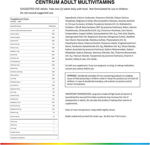 Centrum Adult Multivitamin/Multimineral Supplement with Antioxidants, Zinc, Vitamin D3 and B Vitamins, Gluten Free, Non-GMO Ingredients - 200 Coun...