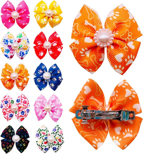PET SHOW Bowknot Dog Hair Bows with French Barrette Clips Pet Puppies Yorkie Teddy Grooming Hair Accessories Pack of 10 (Paw Bone Printed)...