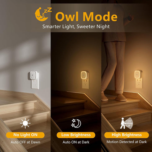 2 Pack Plug in Night Light with Motion Sensor & Dusk to Dawn Sensor, 3 Sensor Modes, Dimmable Night Lights Plug into Wall, Auto ON/Off, Warm White...