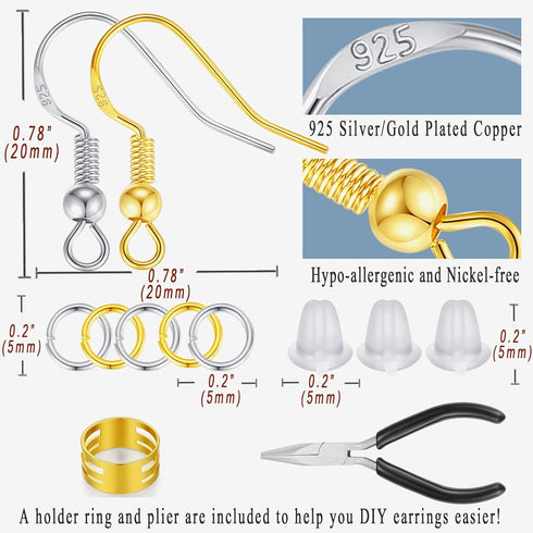 MAIBAOTA Earring Hooks for Jewelry Making, 602 Pcs Earring Making Supplies, 925 Silver and Gold Plated Earring Making Kit, Earring Findings, Jump ...