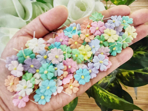 HukDok Mini Flowers with Thread Stem Mulberry Paper Flower Embellishment Card Craft Supplies Scrapbooking DIY Card Crafts Projects. (Pastel Tones)...