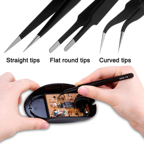 Precision Tweezers Set - 6PCS Anti Static ESD Industrial Tweezers Kit Matte Black, Fits for Electronics Repair, Soldering, Craft, Laboratory Work...