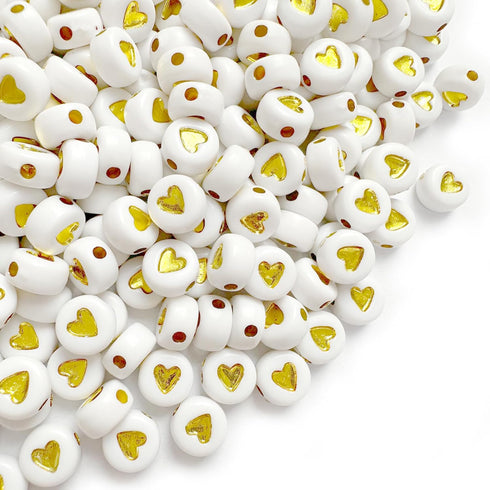 600pcs White Gold Acrylic Heart Beads Kit,4x7mm Gold Heart Shaped Beads Flat Round Spacer Beads Plastic Loose Beads for Jewelry Making,DIY Bracele...