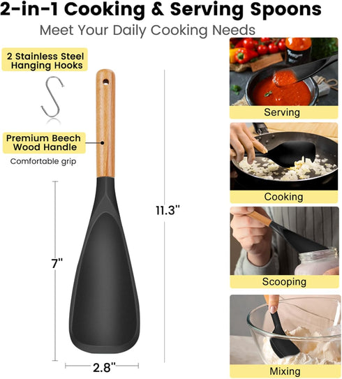 Large Silicone Cooking Spoons Set, Heat Resistant Big Serving Spoon, Nonstick Kitchen Long Spatula with Wooden Handle, Dishwasher Safe Cookware fo...